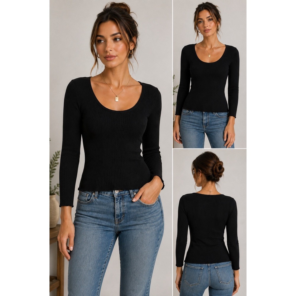 Vintage Y2K Joseph A Black Ribbed Knit Scoop Neck Long Sleeve Top Medium